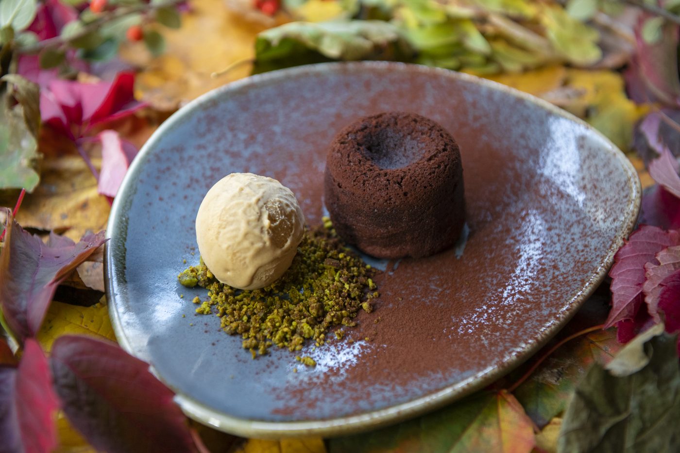 Chocolate fondant with pistachio ice cream, from the pâtisserie
